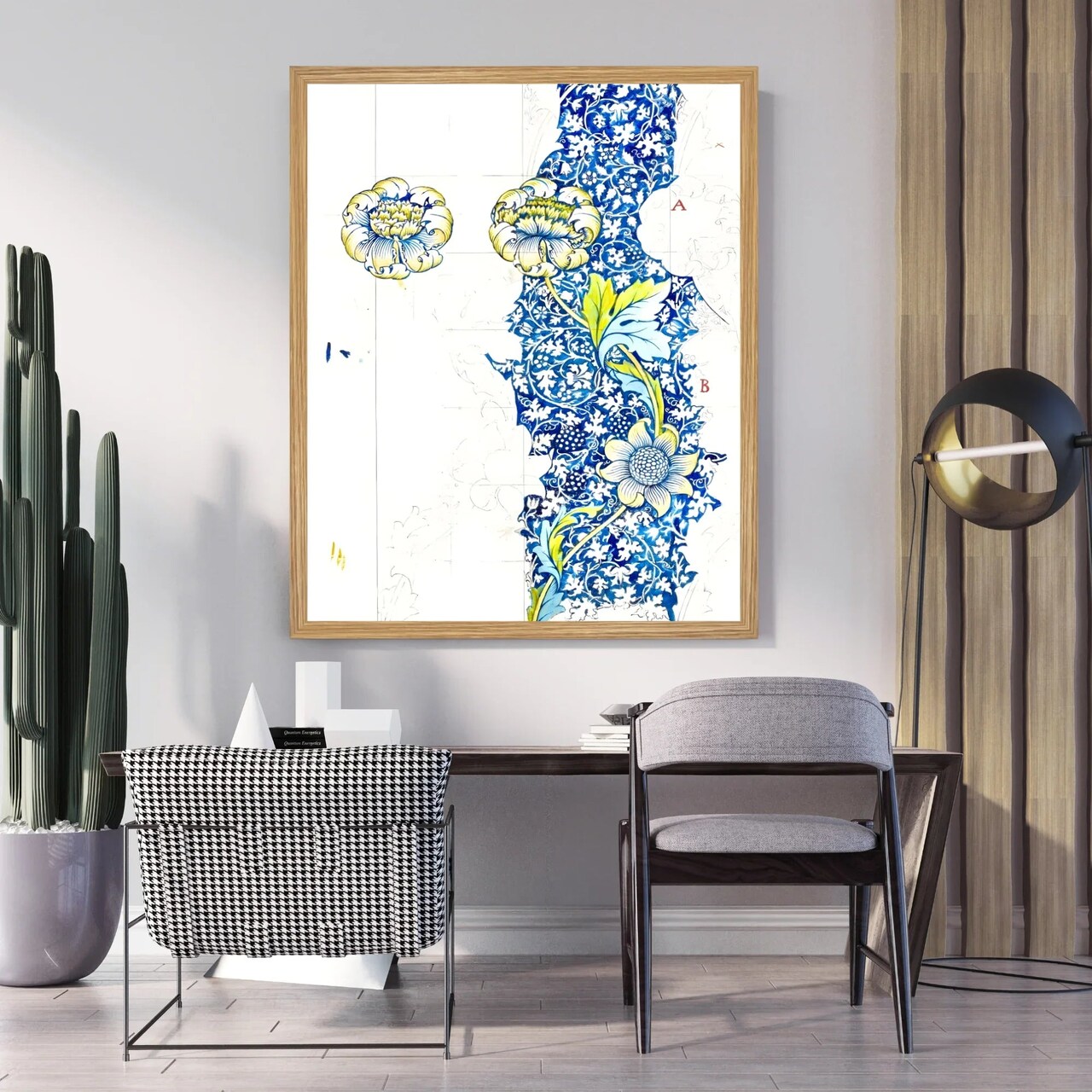 Large Framed Corporate Office Decor Wall Art Canvas 40x60 Inch - William Morris White Blue